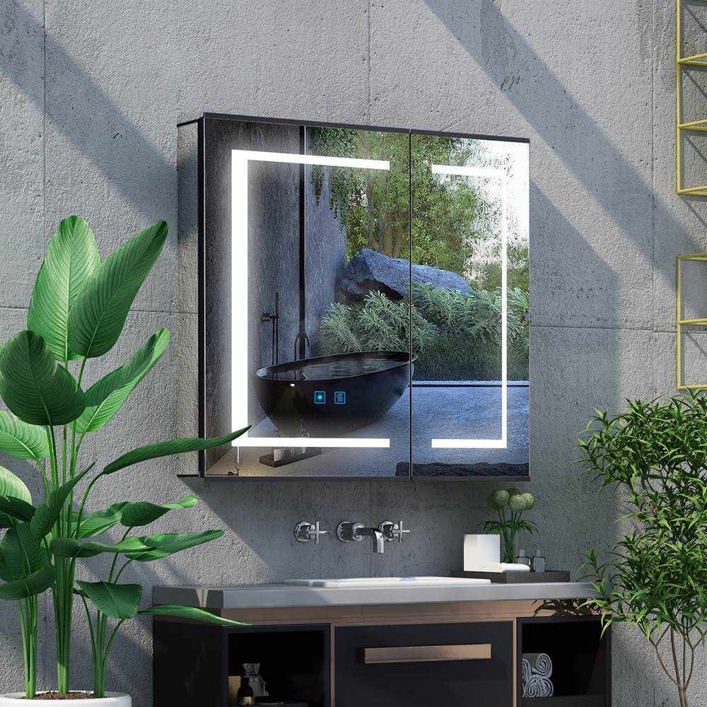 Lumirrors LED Bathroom Mirror Cabinet with Matt Black Aluminum Touch-Switch Anti-fog Shaver Socket 2-Doors 65 x 60cm
