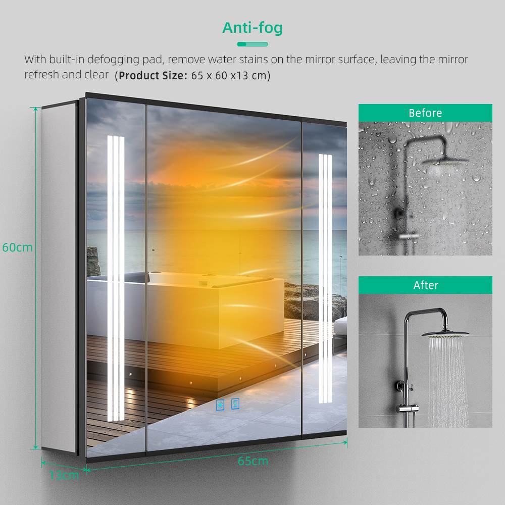 Lumirrors LED Mirror Cabinet with Matt Black Aluminum Touch-Switch Anti-fog Shaver Socket Strip Lights 65 x 60cm