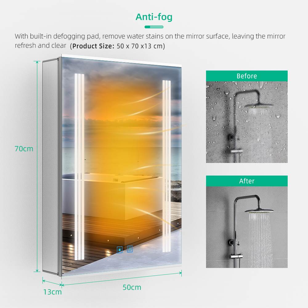 Lumirrors LED Bathroom Mirror Cabinet with Silver Aluminum Touch-Switch Anti-fog Shaver Socket 50 x 70cm