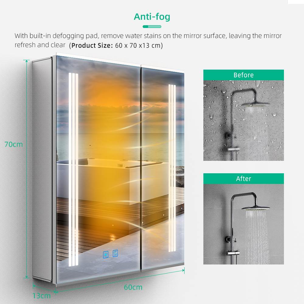 Lumirrors LED Bathroom Mirror Cabinet with Silver Aluminum Touch-Switch Demister Shaver Socket 2-Doors 60 x 70cm