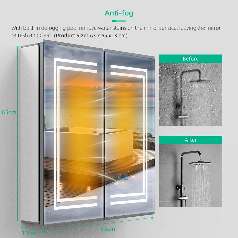 Lumirrors LED Bathroom Mirror Cabinet with Silver Aluminum Touch-Switch Anti-fog Shaver Socket 2-Doors 63 x 65cm