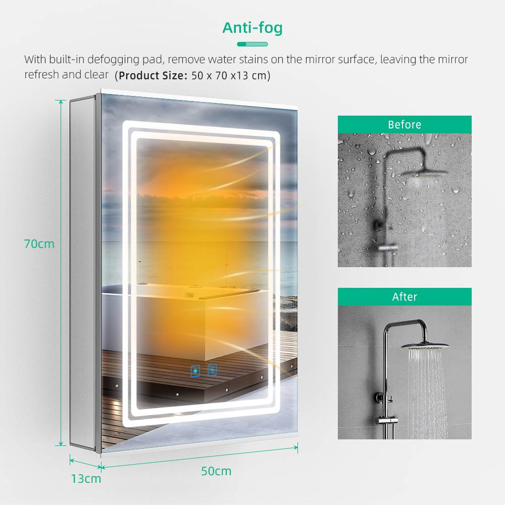 Lumirrors LED Bathroom Mirror Cabinet with Silver Aluminum Touch-Switch Demister Shaver Socket 50 x 70cm