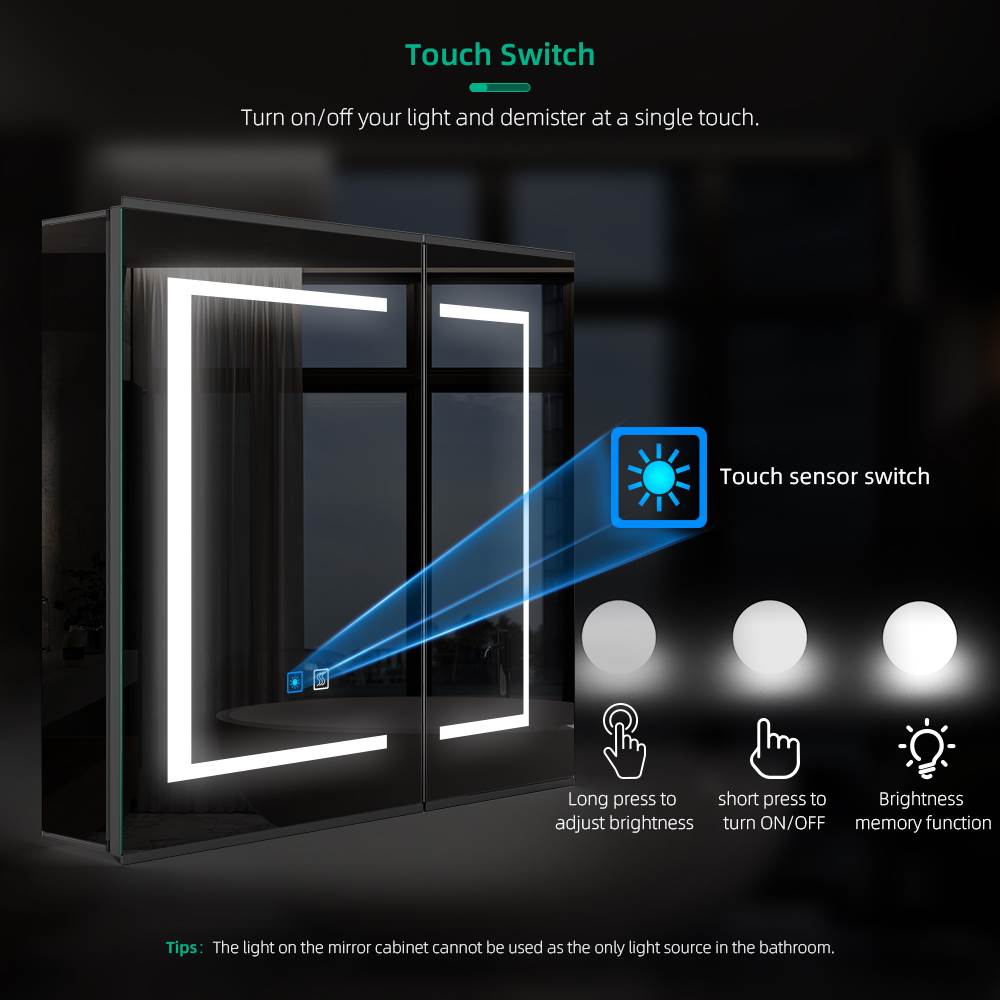 Lumirrors LED Bathroom Mirror Cabinet with Matt Black Aluminum Touch-Switch Anti-fog Shaver Socket 2-Doors 65 x 60cm