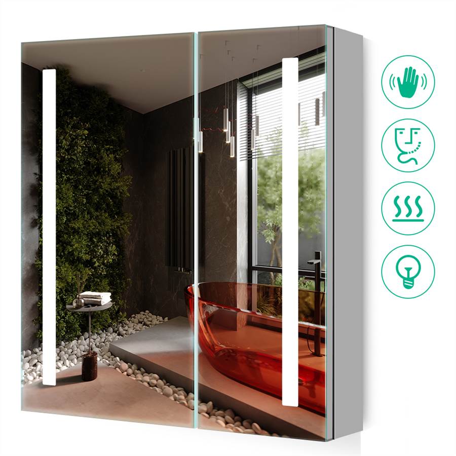 63 x 65cm LED Mirrored Cabinet with IR-Switch 2-Doors Demister Shaver Socket CB07S