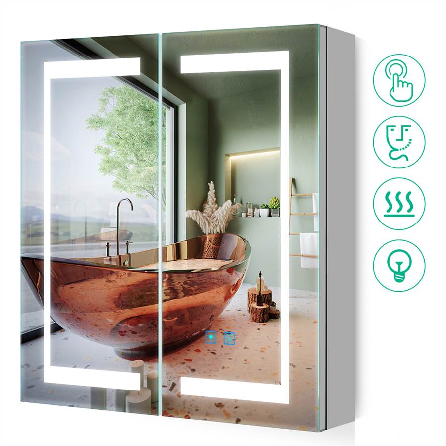 63 x 65cm LED Mirrored Cabinet with 2-Doors Demister Shaver Socket Touch-Switch CB09S