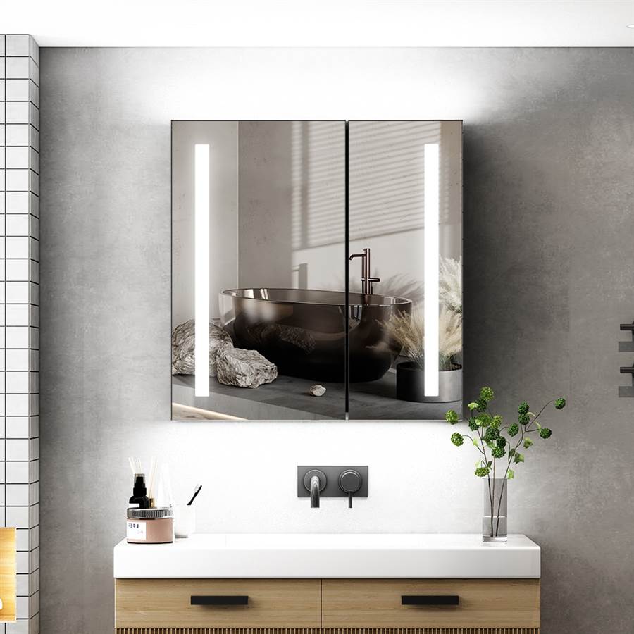 63 x 65cm LED Mirrored Cabinet with IR-Switch 2-Doors Demister Shaver Socket CB07S