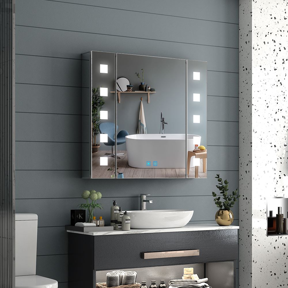 65 x 60cm Led Bathroom Mirrored Cabinet With Touch-Switch Anti-fog Shaver Socket CB03