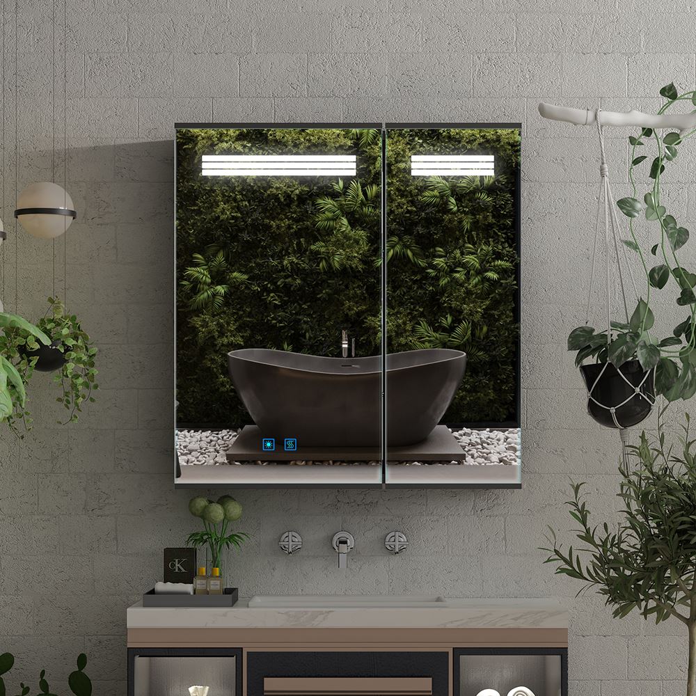 Lumirrors LED Bathroom Mirror Cabinet with Matt Black Aluminum Touch-Switch Anti-fog Shaver Socket 2-Doors 63 x 65cm