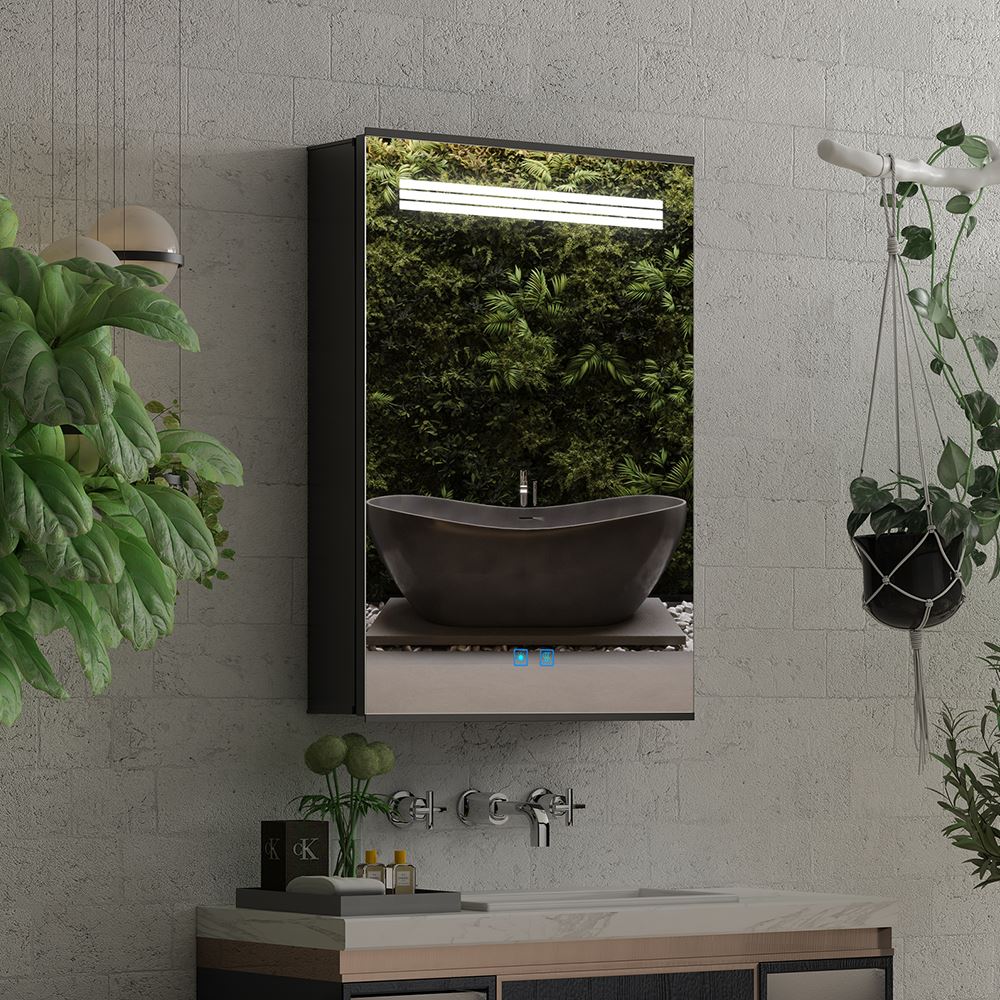 Lumirrors LED Bathroom Mirror Cabinet with Touch-Switch Demister Shaver Socket Matt Black Aluminum 50 x 70cm