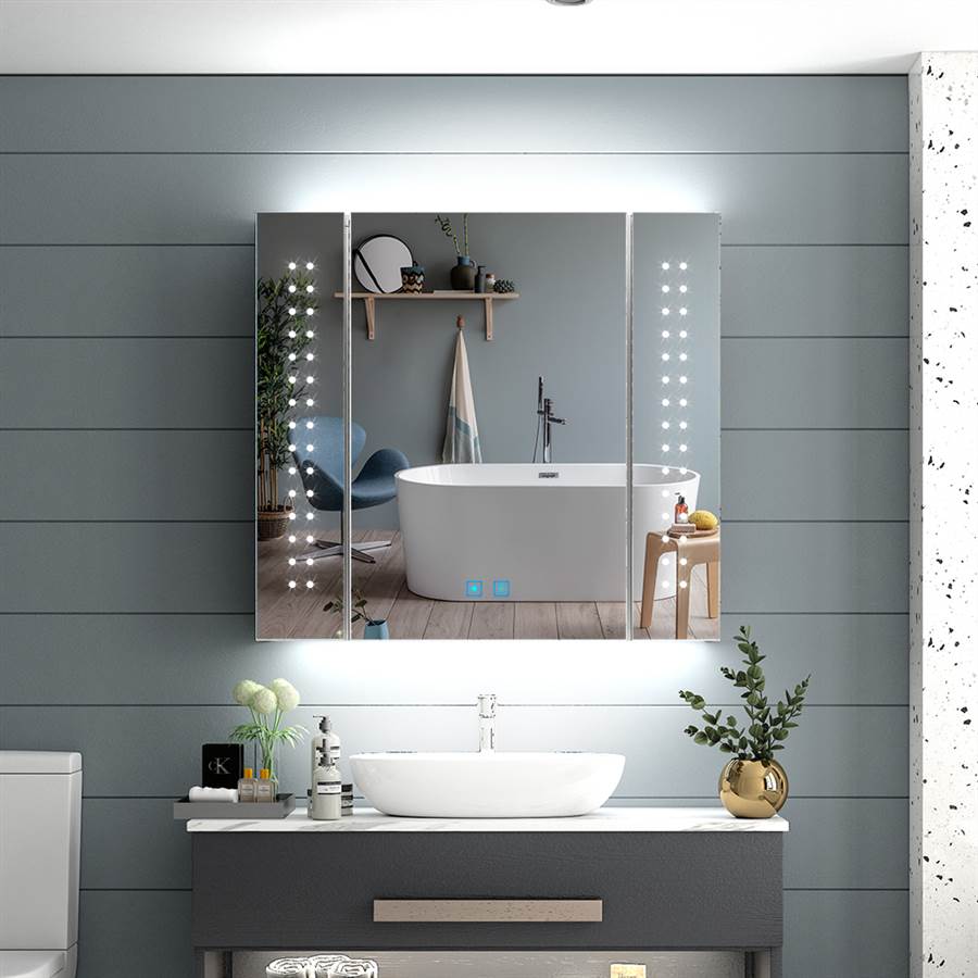 65 x 60cm Led Bathroom Mirrored Cabinet With Touch-Switch Anti-fog Shaver Socket CB01S