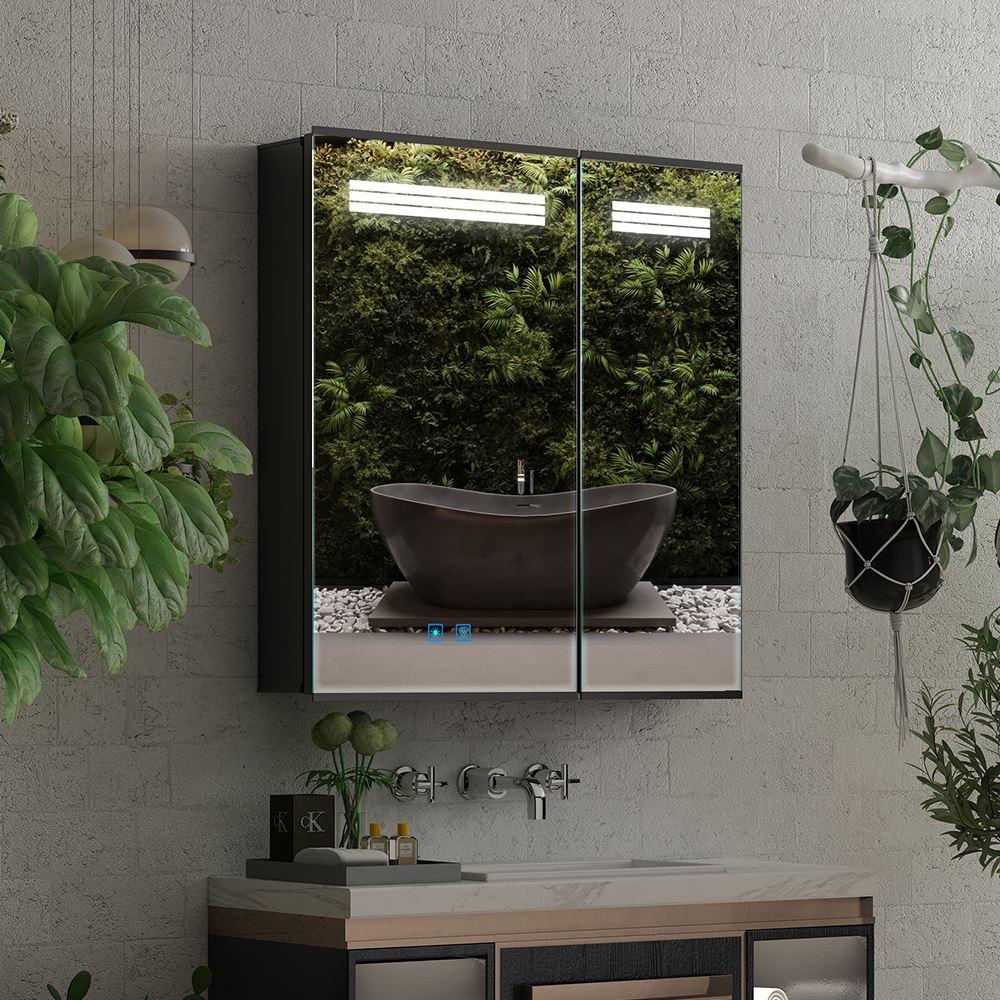 Lumirrors LED Bathroom Mirror Cabinet with Matt Black Aluminum Touch-Switch Anti-fog Shaver Socket 2-Doors 63 x 65cm