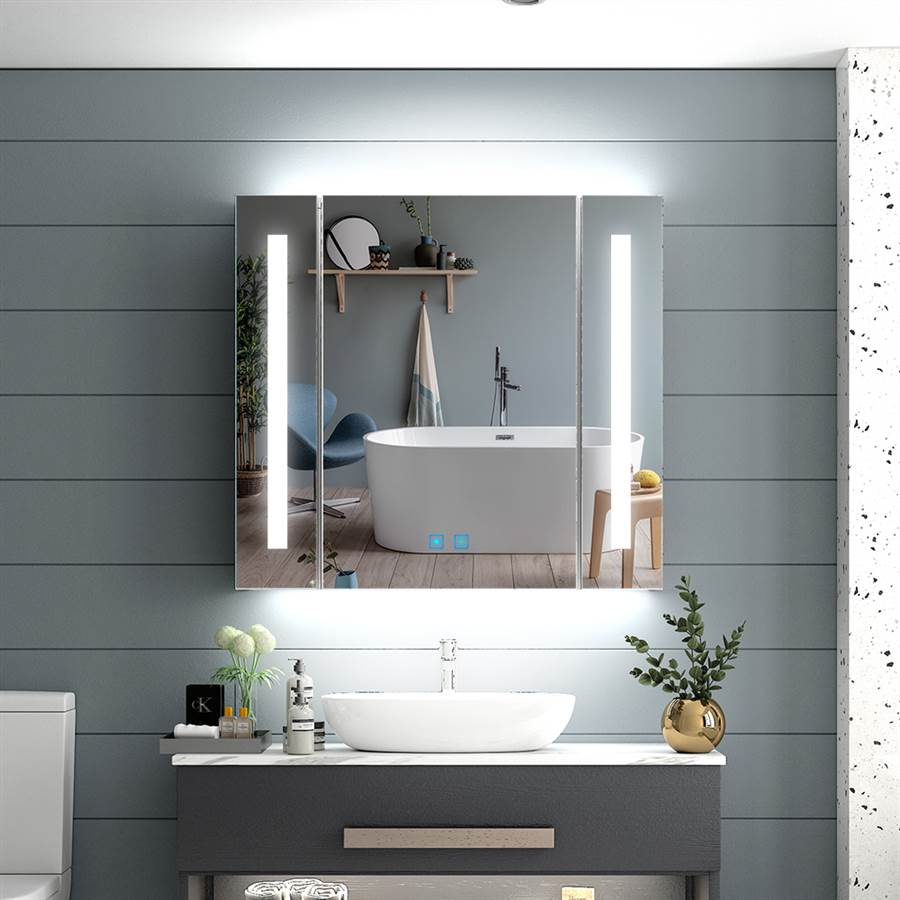 65 x 60cm Led Bathroom Mirrored Cabinet With Touch-Switch Anti-fog Shaver Socket CB02S