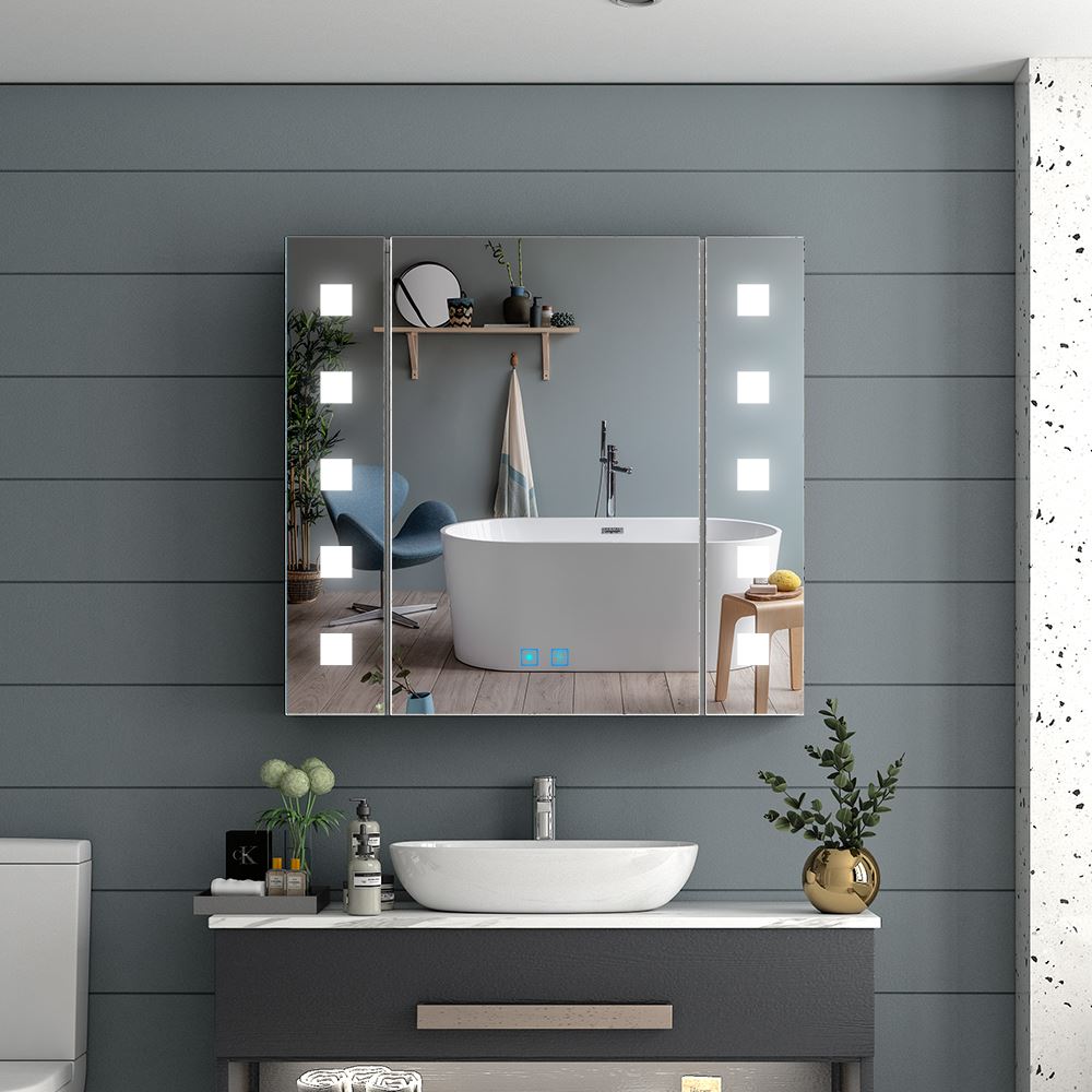 65 x 60cm Led Bathroom Mirrored Cabinet With Touch-Switch Anti-fog Shaver Socket CB03