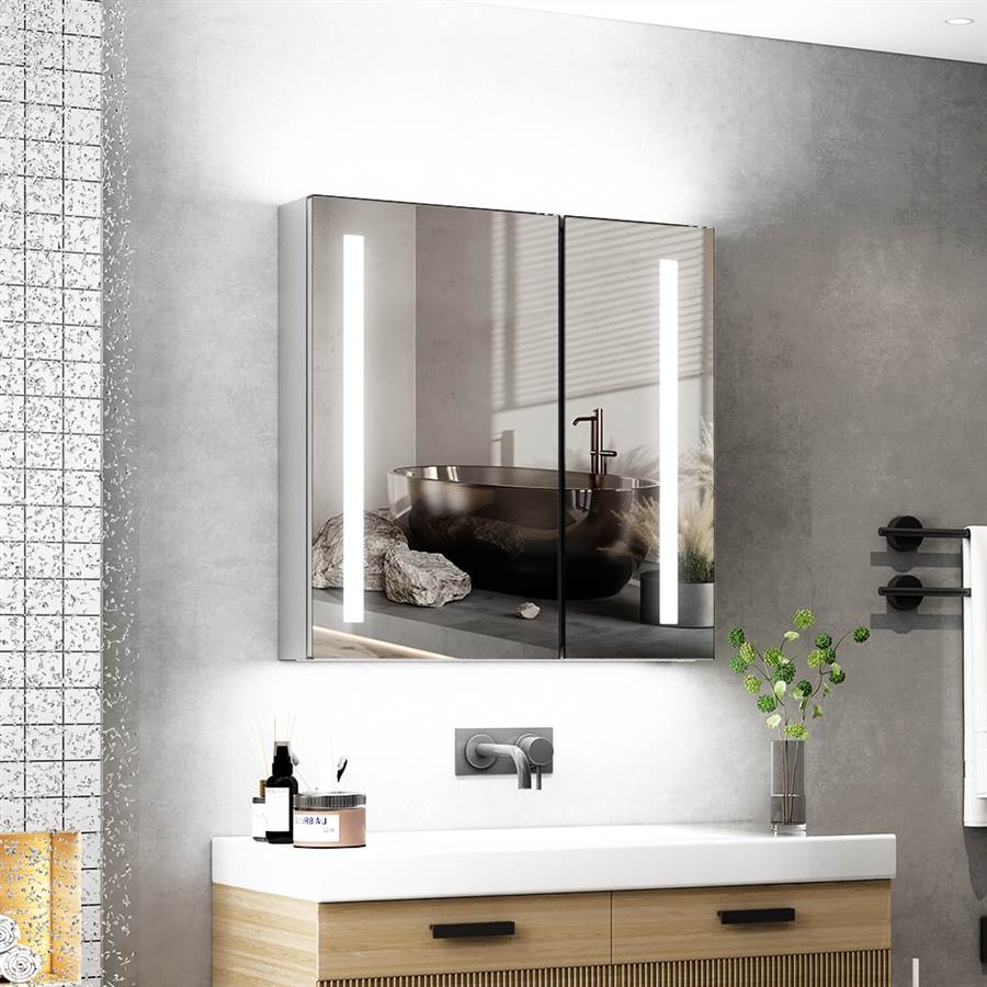 63 x 65cm LED Mirrored Cabinet with IR-Switch 2-Doors Demister Shaver Socket CB07S