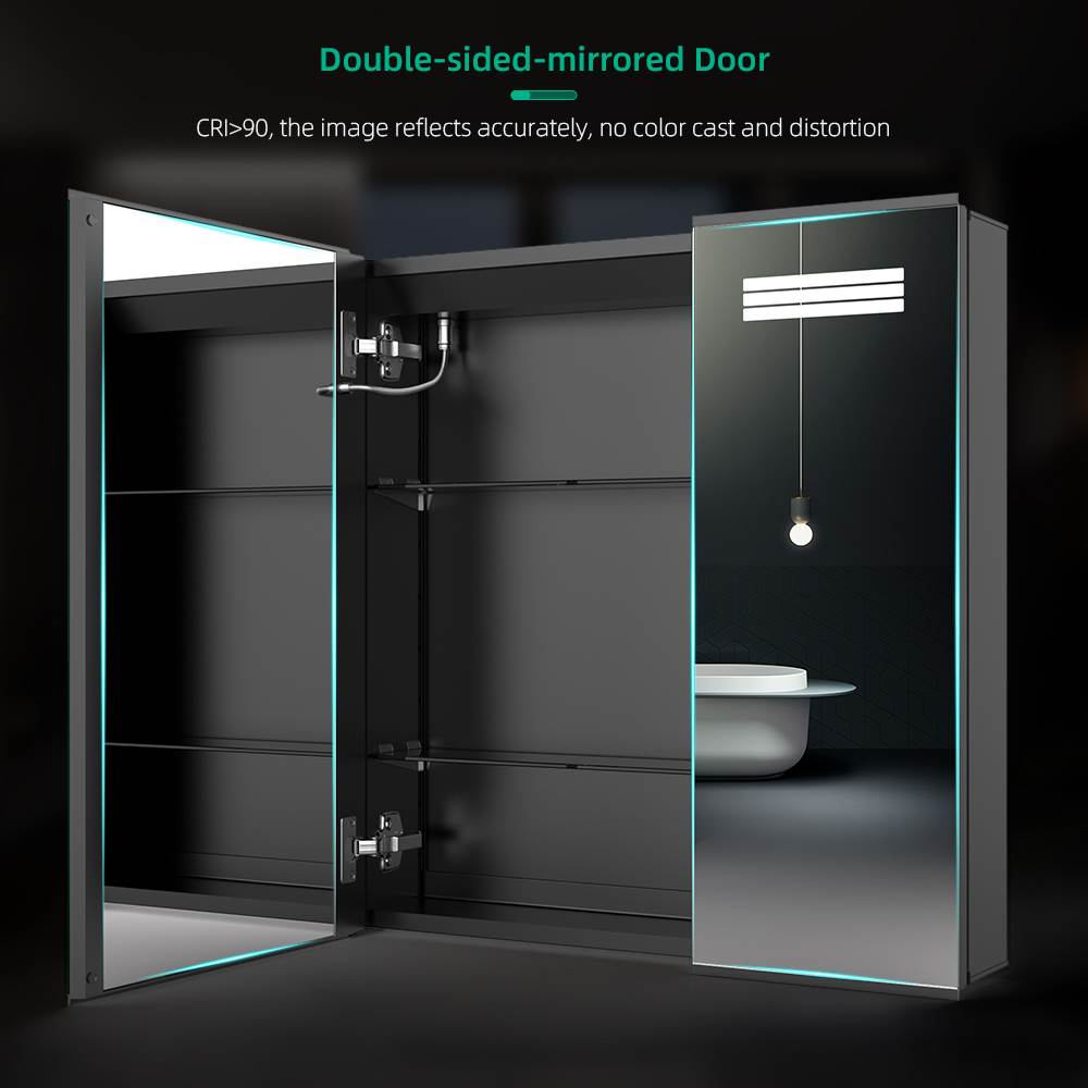 Lumirrors LED Bathroom Mirror Cabinet with Matt Black Aluminum Touch-Switch Anti-fog Shaver Socket 2-Doors 63 x 65cm