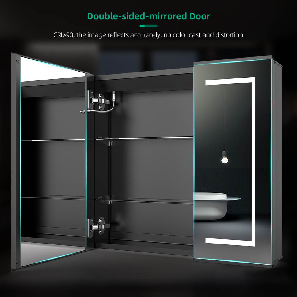 Lumirrors LED Bathroom Mirror Cabinet with Matt Black Aluminum Touch-Switch Anti-fog Shaver Socket 2-Doors 65 x 60cm