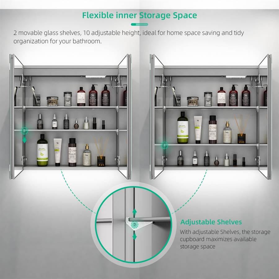 63 x 65cm LED Mirrored Cabinet with 2-Doors Demister Shaver Socket Touch-Switch CB09S