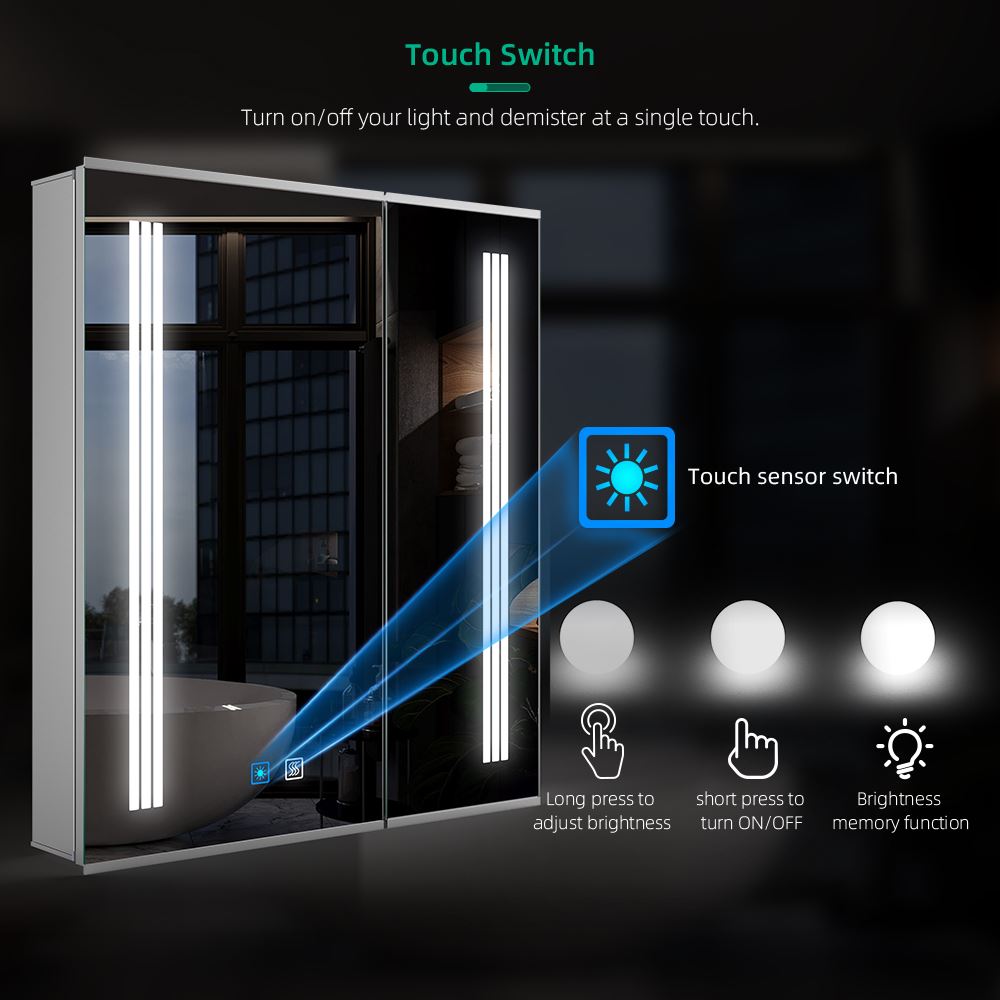 Lumirrors LED Bathroom Mirror Cabinet with Silver Aluminum Touch-Switch Demister Shaver Socket 2-Doors 60 x 70cm