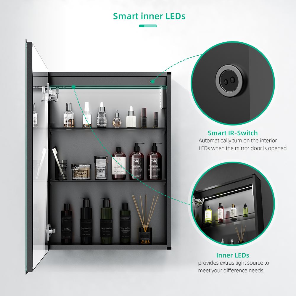 Lumirrors LED Bathroom Mirror Cabinet with Touch-Switch Demister Shaver Socket Matt Black Aluminum 50 x 70cm