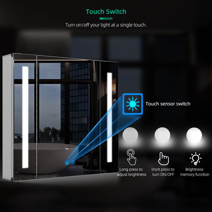 65 x 60cm Led Bathroom Mirrored Cabinet With Touch-Switch Anti-fog Shaver Socket CB02S