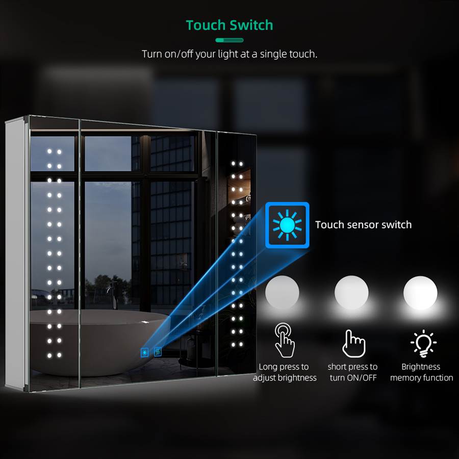 65 x 60cm Led Bathroom Mirrored Cabinet With Touch-Switch Anti-fog Shaver Socket CB01S