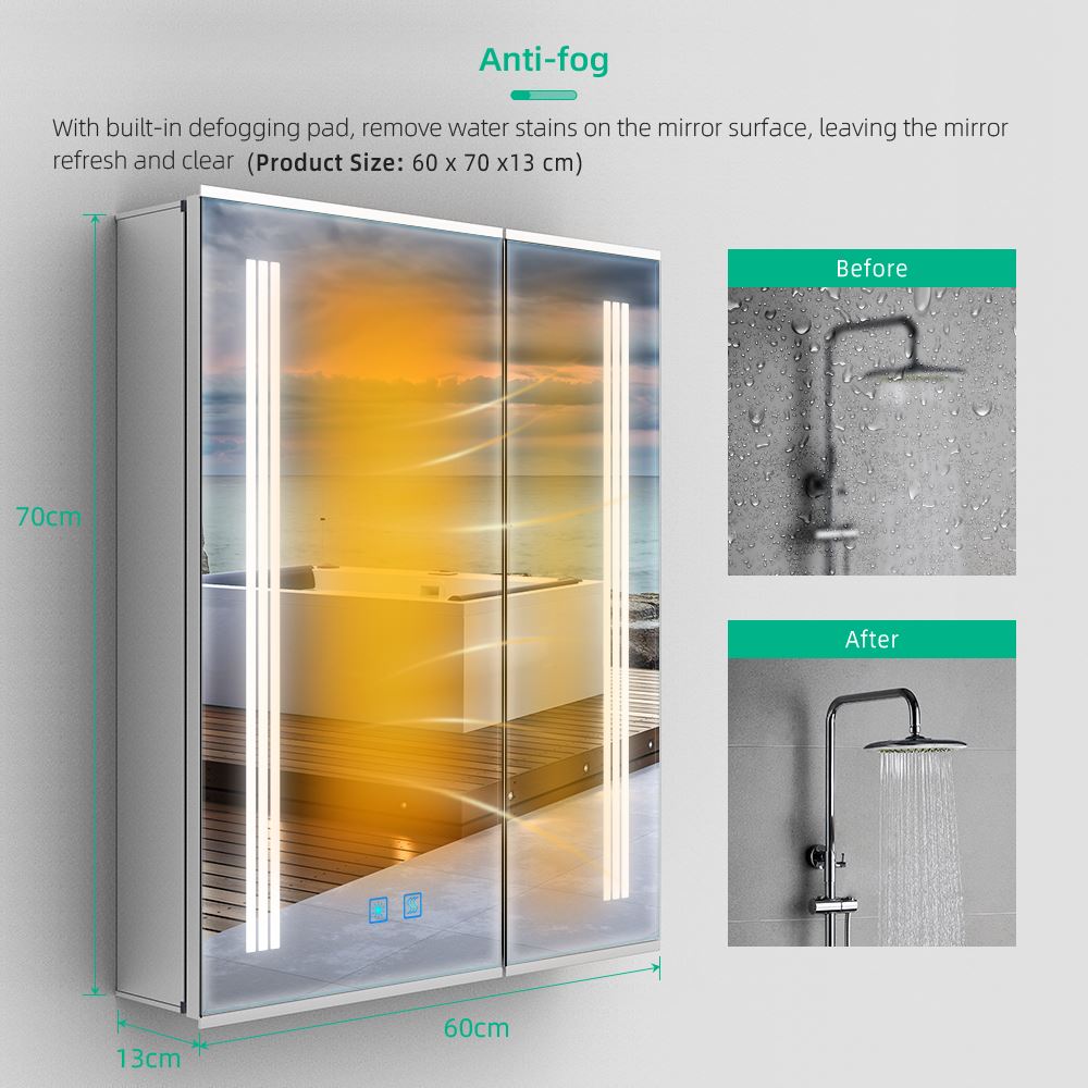 Lumirrors LED Bathroom Mirror Cabinet with Silver Aluminum Touch-Switch Demister Shaver Socket 2-Doors 60 x 70cm