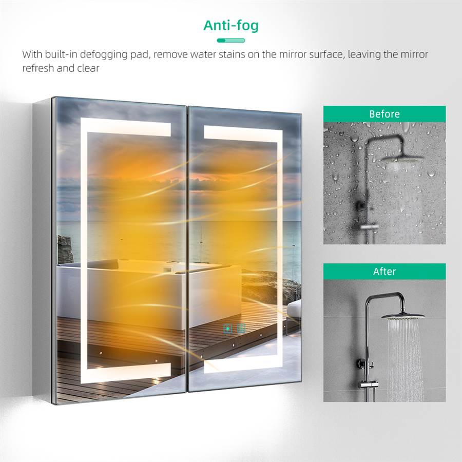 63 x 65cm LED Mirrored Cabinet with 2-Doors Demister Shaver Socket Touch-Switch CB09S