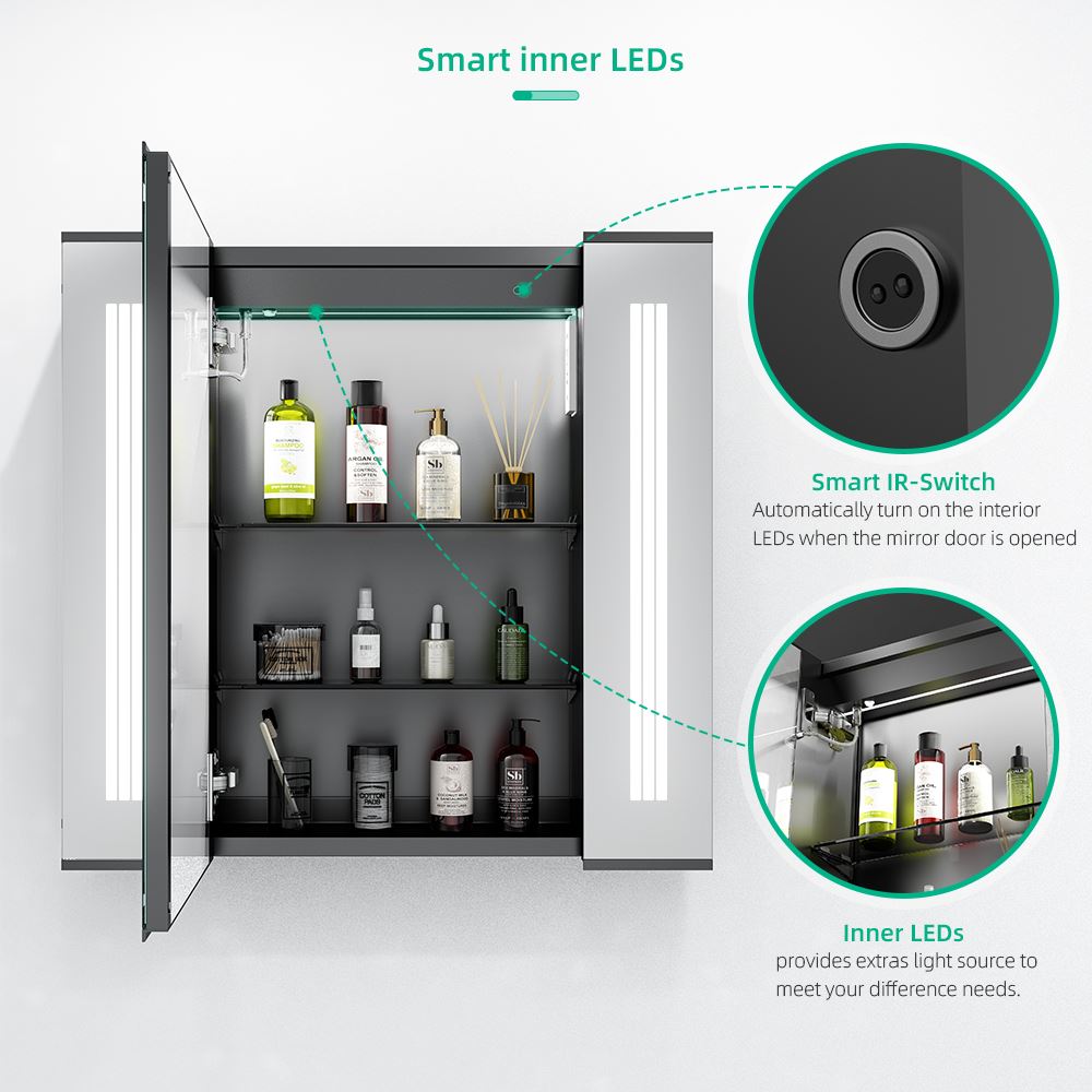 Lumirrors LED Mirror Cabinet with Matt Black Aluminum Touch-Switch Anti-fog Shaver Socket Strip Lights 65 x 60cm