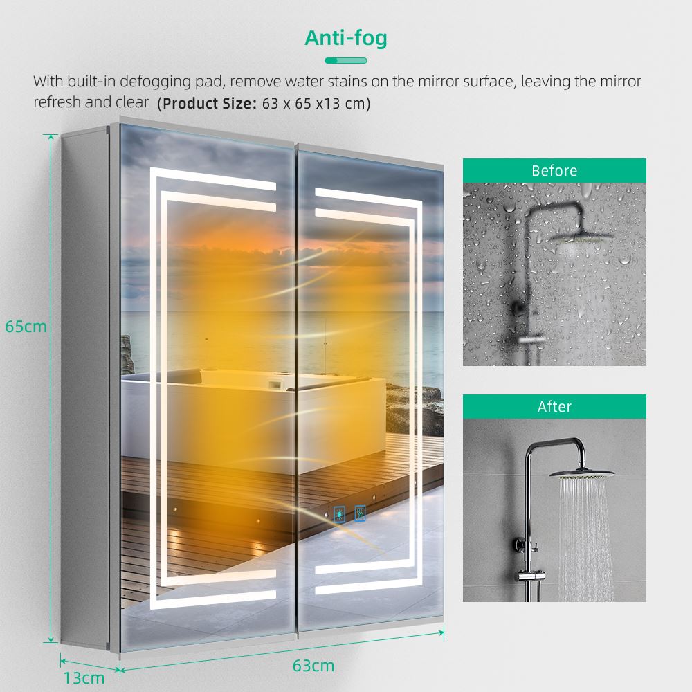 Lumirrors LED Bathroom Mirror Cabinet with Silver Aluminum Touch-Switch Anti-fog Shaver Socket 2-Doors 63 x 65cm