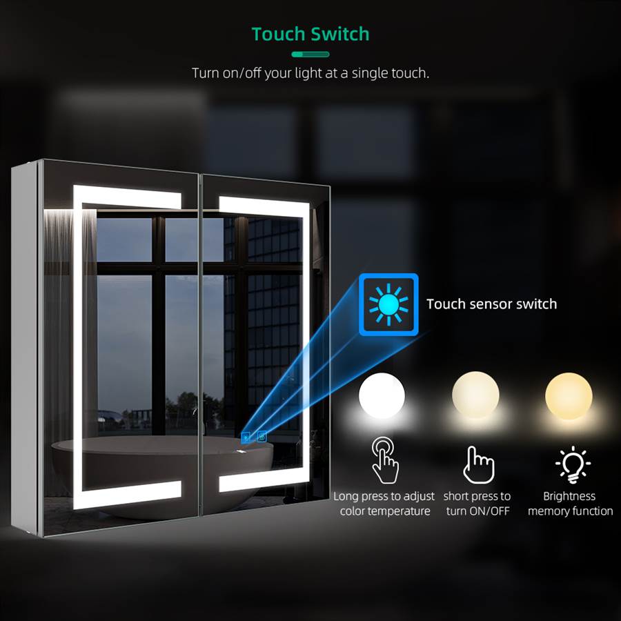 63 x 65cm LED Mirrored Cabinet with 2-Doors Demister Shaver Socket Touch-Switch CB09S