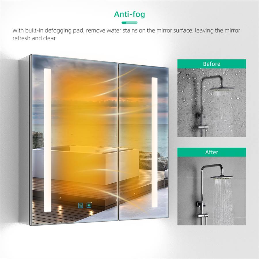 63 x 65cm LED Mirrored Cabinet with IR-Switch 2-Doors Demister Shaver Socket CB07S