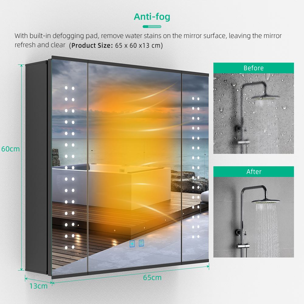 Lumirrors LED Bathroom Mirror Cabinet with Matt Black Aluminum Touch-Switch Anti-fog Shaver Socket 65 x 60cm