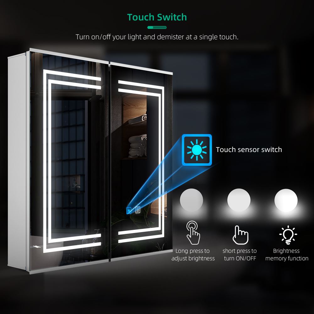 Lumirrors LED Bathroom Mirror Cabinet with Silver Aluminum Touch-Switch Anti-fog Shaver Socket 2-Doors 63 x 65cm