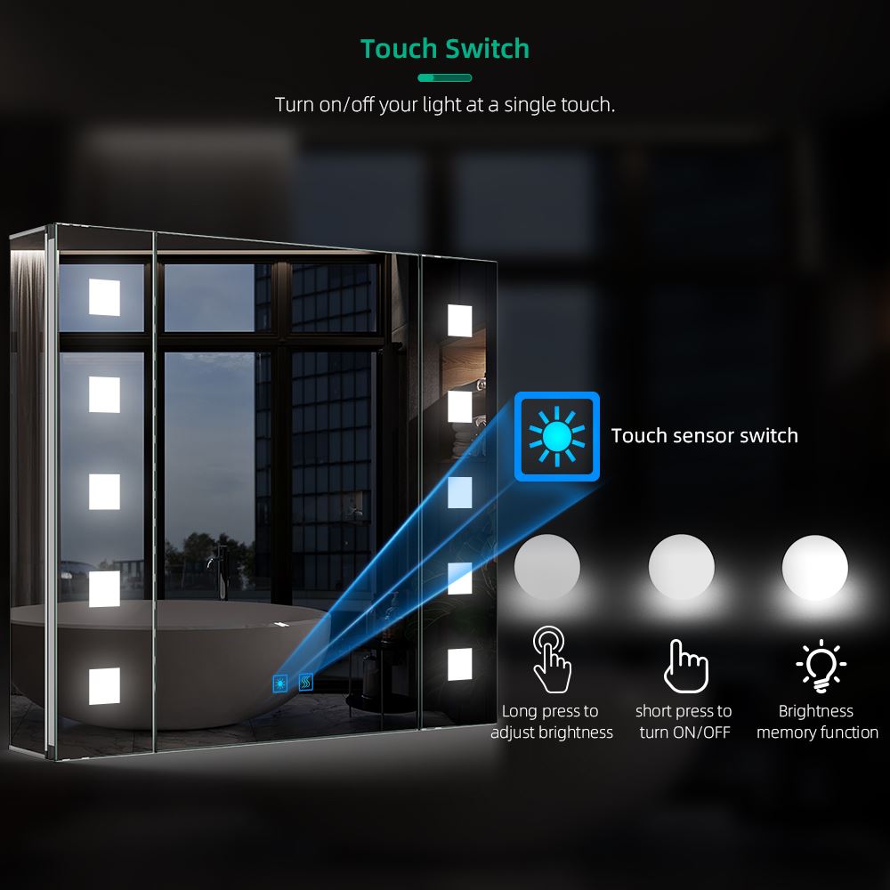 65 x 60cm Led Bathroom Mirrored Cabinet With Touch-Switch Anti-fog Shaver Socket CB03