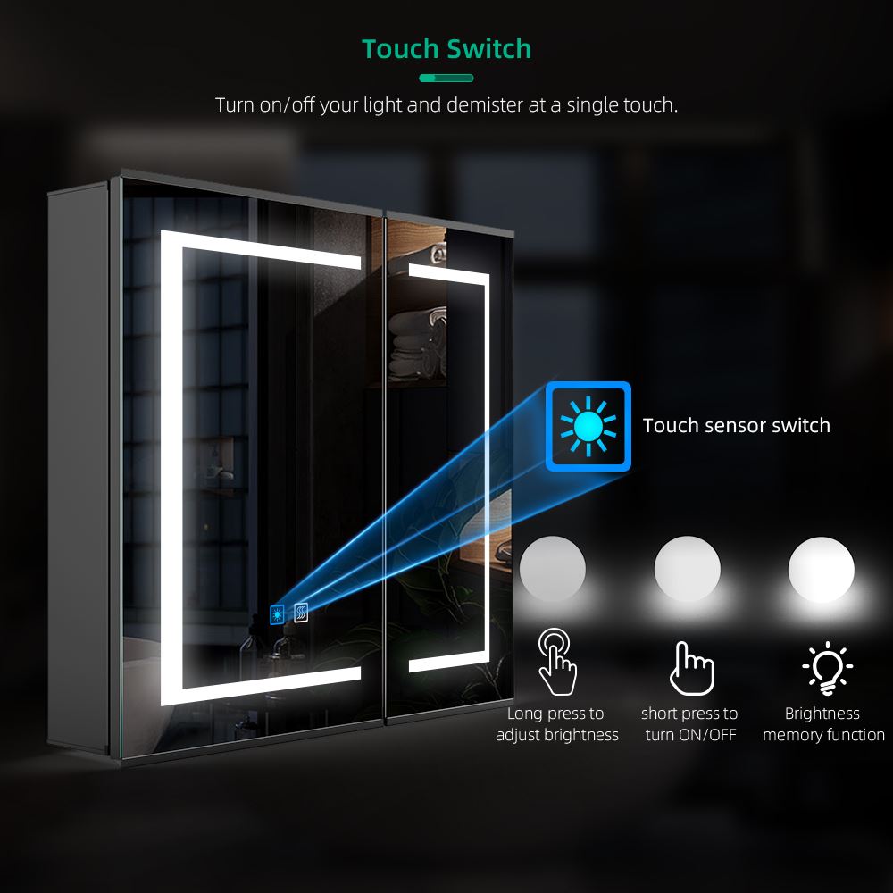 Lumirrors LED Bathroom Mirror Cabinet with Matt Black Aluminum Touch-Switch Anti-fog Shaver Socket 2-Doors 65 x 60cm
