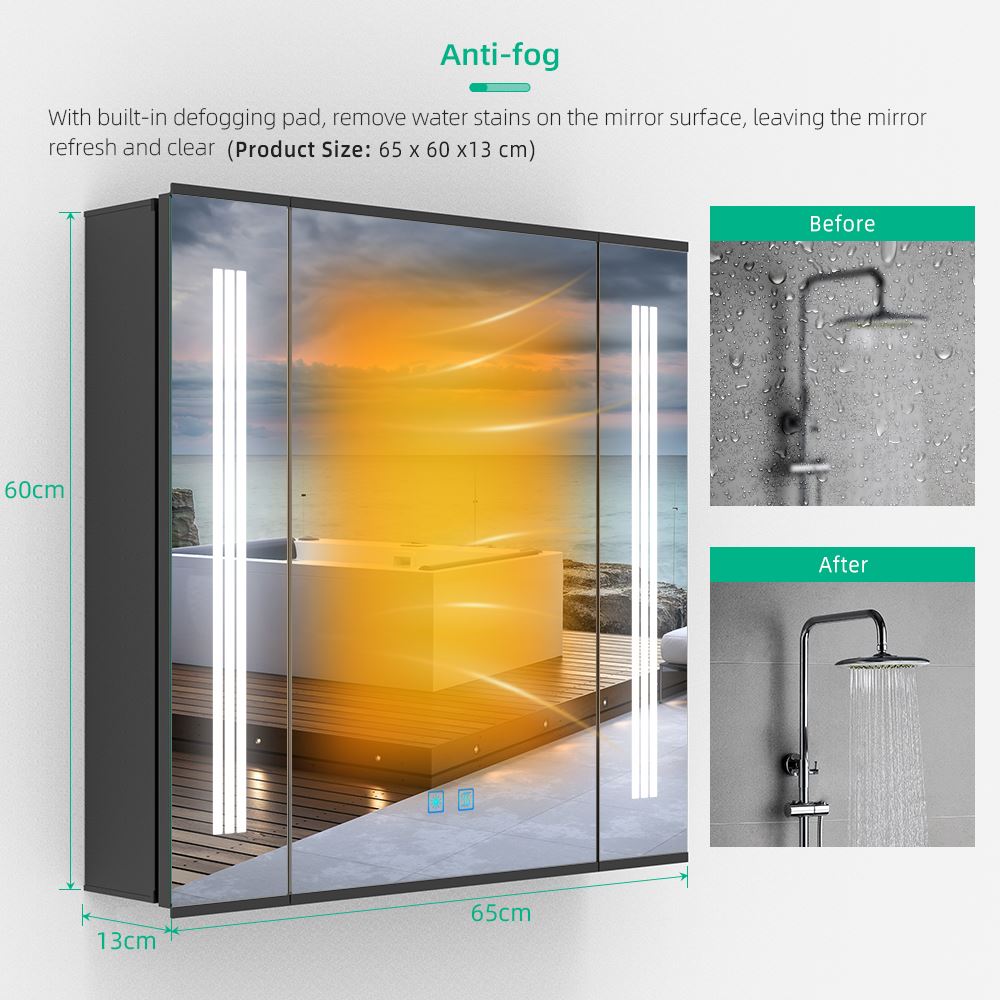 Lumirrors LED Mirror Cabinet with Matt Black Aluminum Touch-Switch Anti-fog Shaver Socket Strip Lights 65 x 60cm